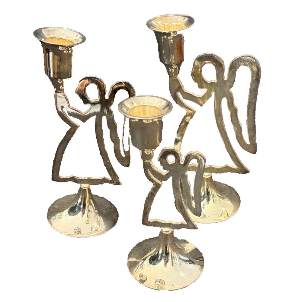 Vintage International Silver Co Set of 3 Angel Candlestick Holders Silver Plated
